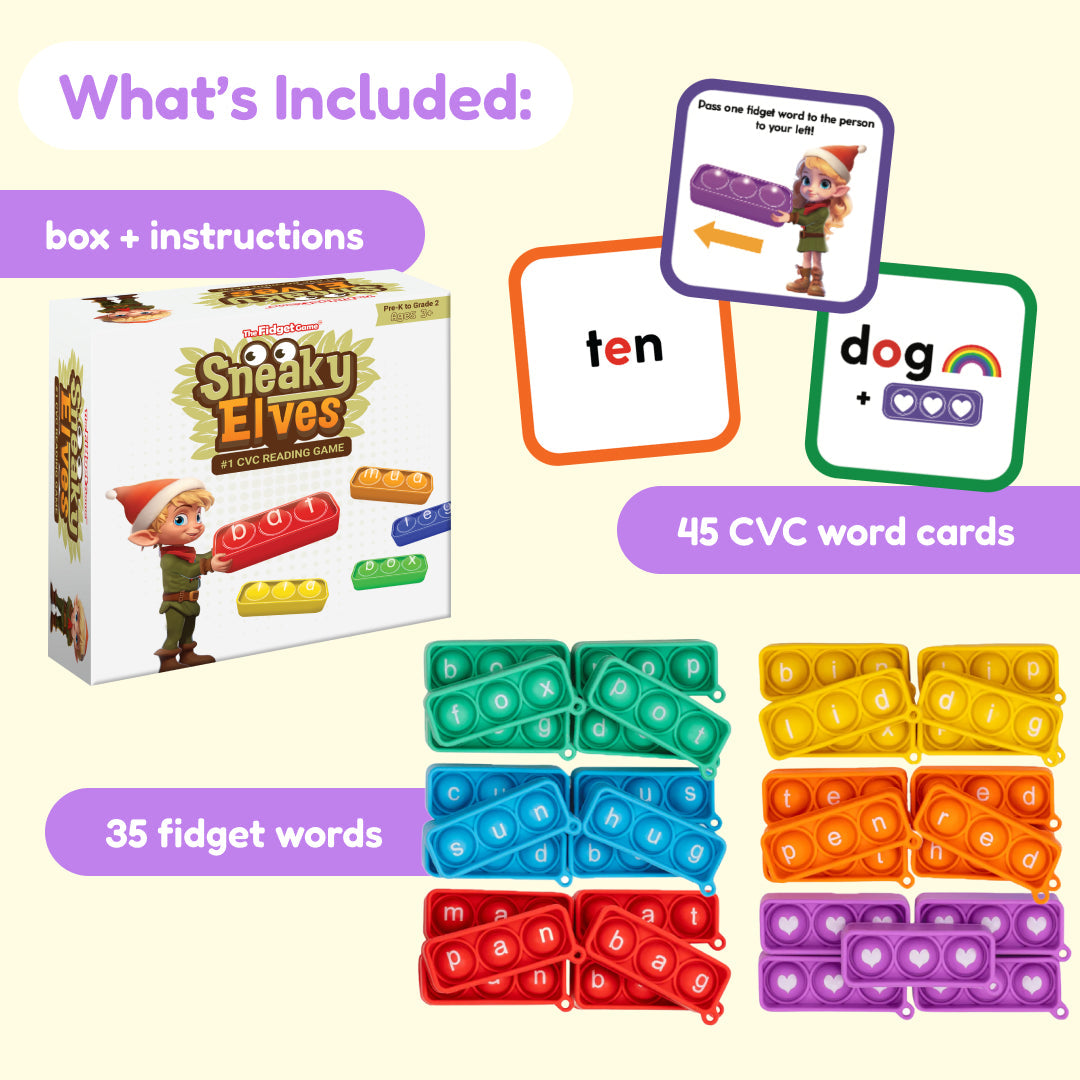 Sneaky Elves educational toy by The Fidget Games; colorful fidget blocks and 45 CVC word cards on Tampa Home & Garden Store