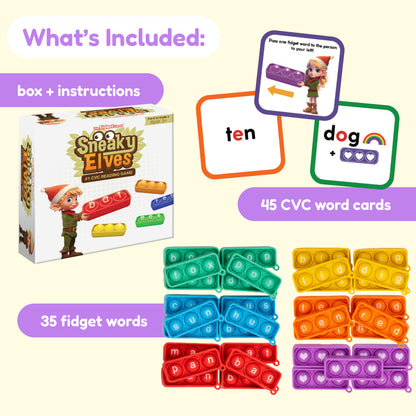 Sneaky Elves educational toy by The Fidget Games; colorful fidget blocks and 45 CVC word cards on Tampa Home & Garden Store