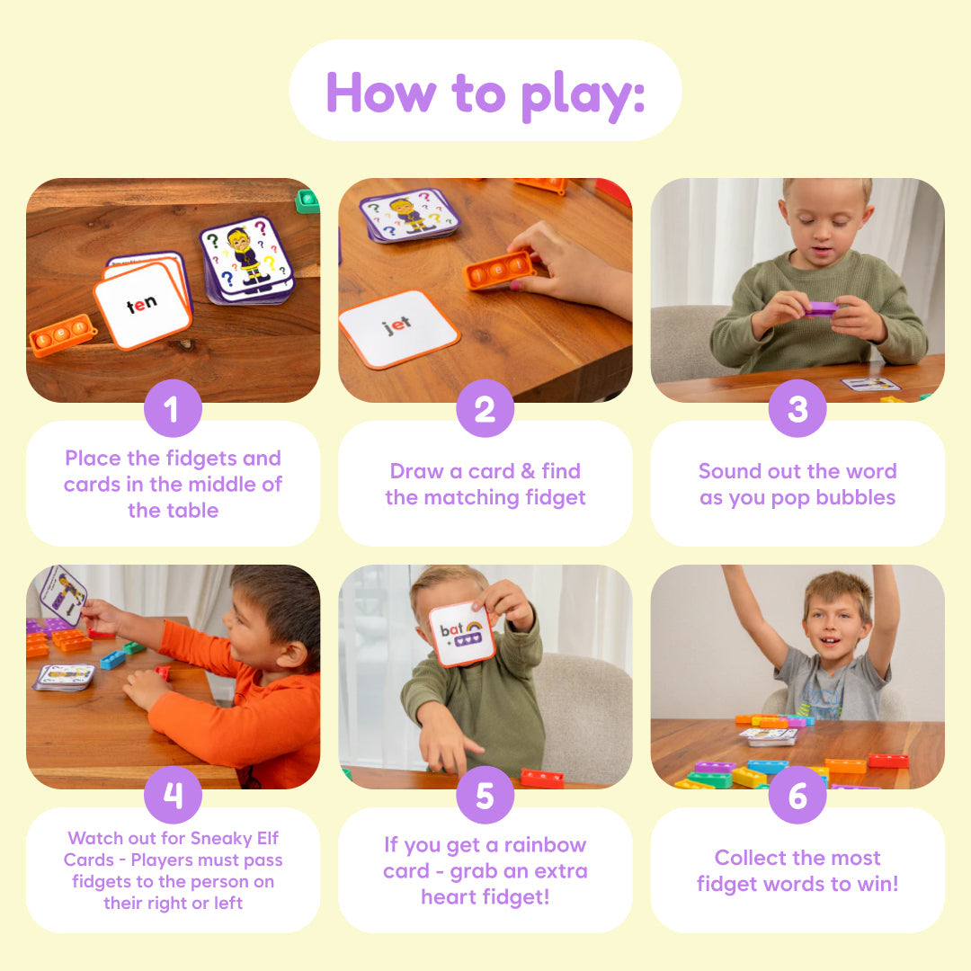 Sneaky Elves fidget game by The Fidget Games, collage of cards, tiles, and kids playing on Tampa Home & Garden Store