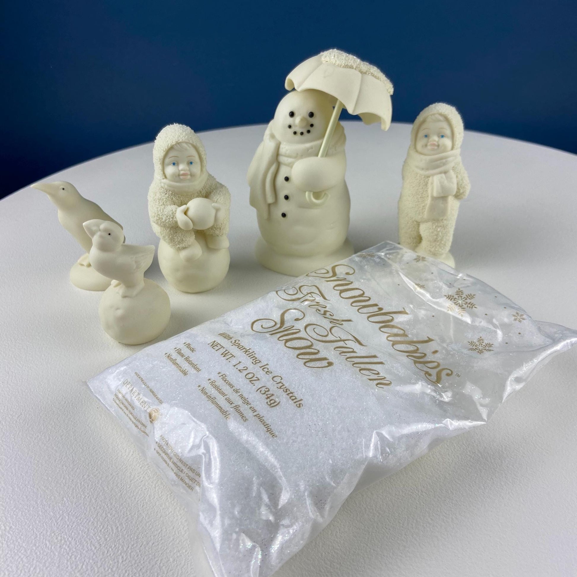 Snowbabies Playing with Snowman & Birds. "Jolly Friends Forevermore" by Dept. 56. White Porcelain Figurines Celebrating Friendship. Kids Rm. - Tampa Home & Garden Store