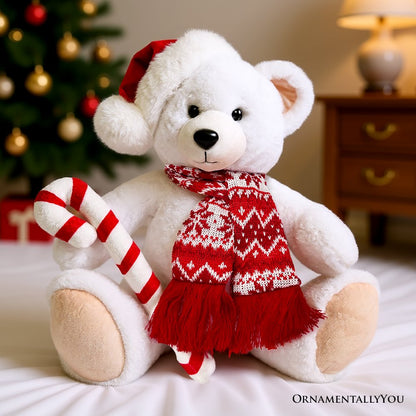 Snowy the Polar Bear Plushie, Cute Kids’ 12" Christmas Stuffed Toy, Santa Hat and Candy Cane - Tampa Home & Garden Store