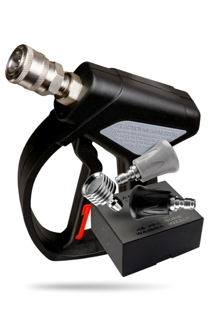 BLACKLINE snub-nose pressure washer gun, black body with silver nozzle and metal adapters on Tampa Home & Garden Store