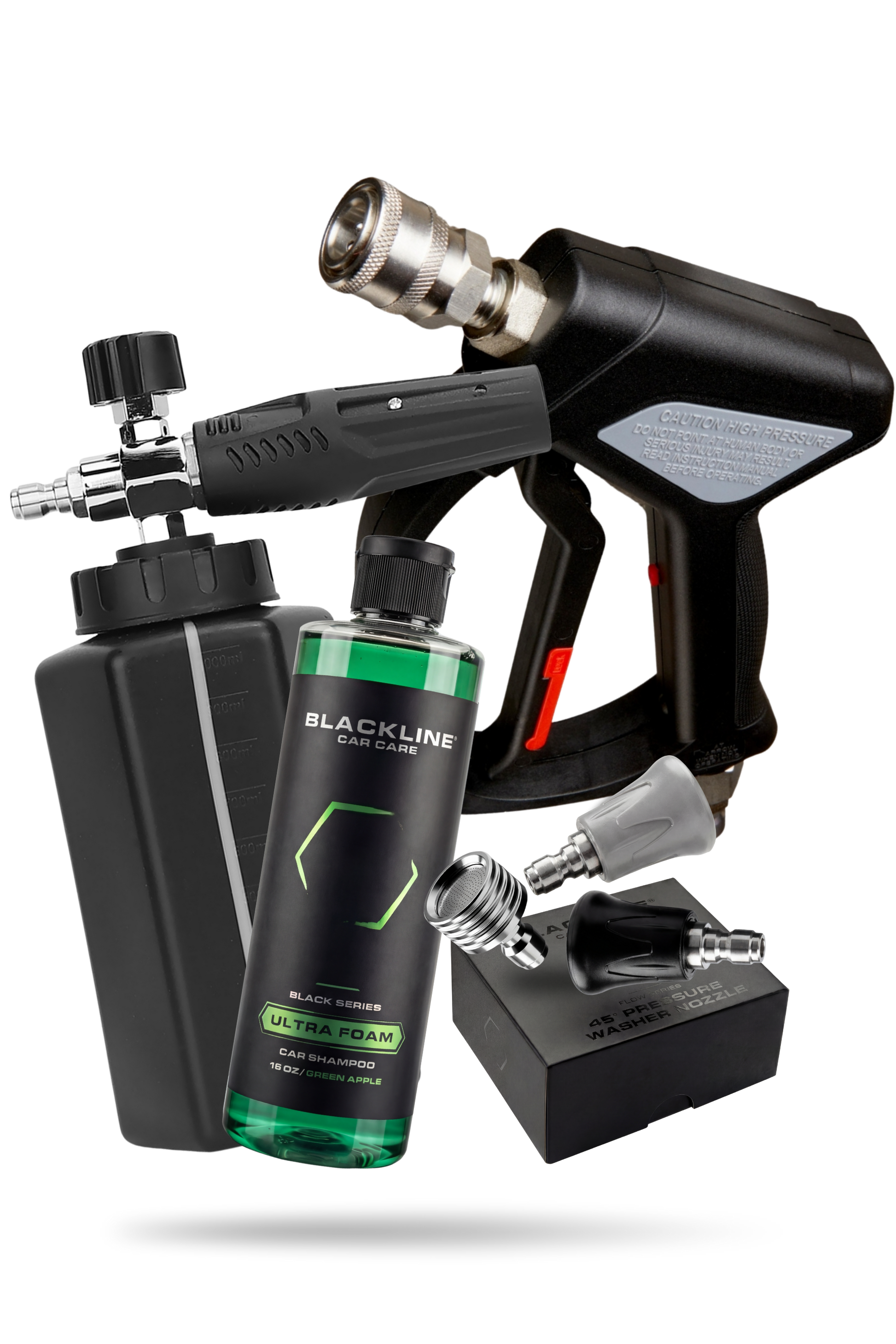 BLACKLINE Snub-Nose Pressure Washer Gun with black handle and brass nozzle; Ultra Foam shampoo bottle on Tampa Home & Garden Store