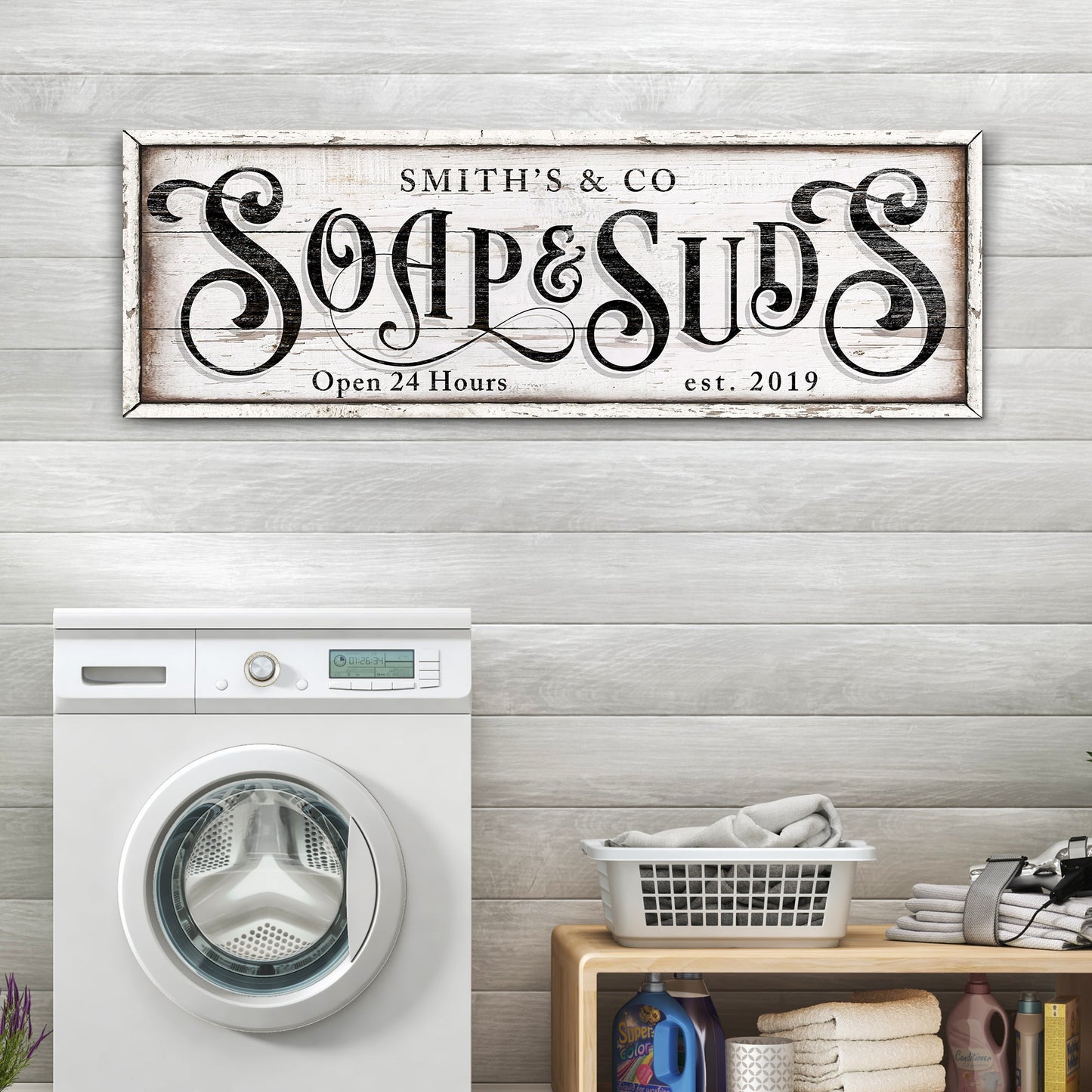 Personalized Soap & Suds Laundry Sign canvas print with distressed white wood background on Tampa Home & Garden Store