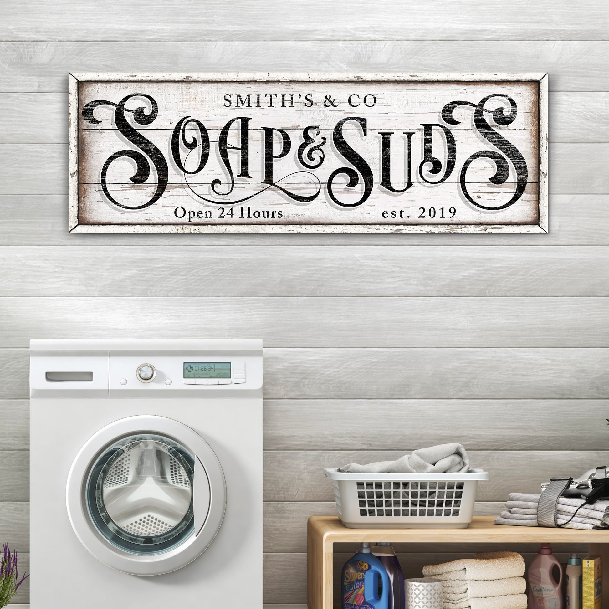 Personalized Soap & Suds Laundry Sign canvas print with distressed white wood background on Tampa Home & Garden Store