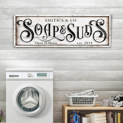 Personalized Soap & Suds Laundry Sign canvas print with distressed white wood background on Tampa Home & Garden Store