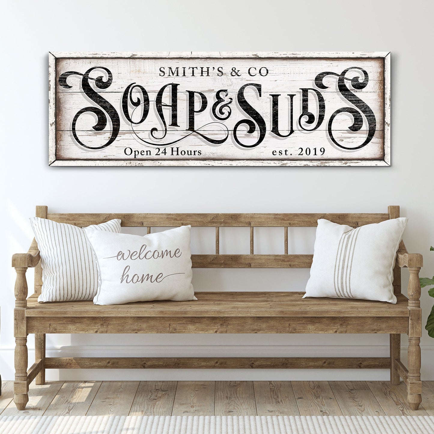 Personalized Soap And Suds Laundry Sign canvas with black script on white wood Tailored Canvases on Tampa Home & Garden Store