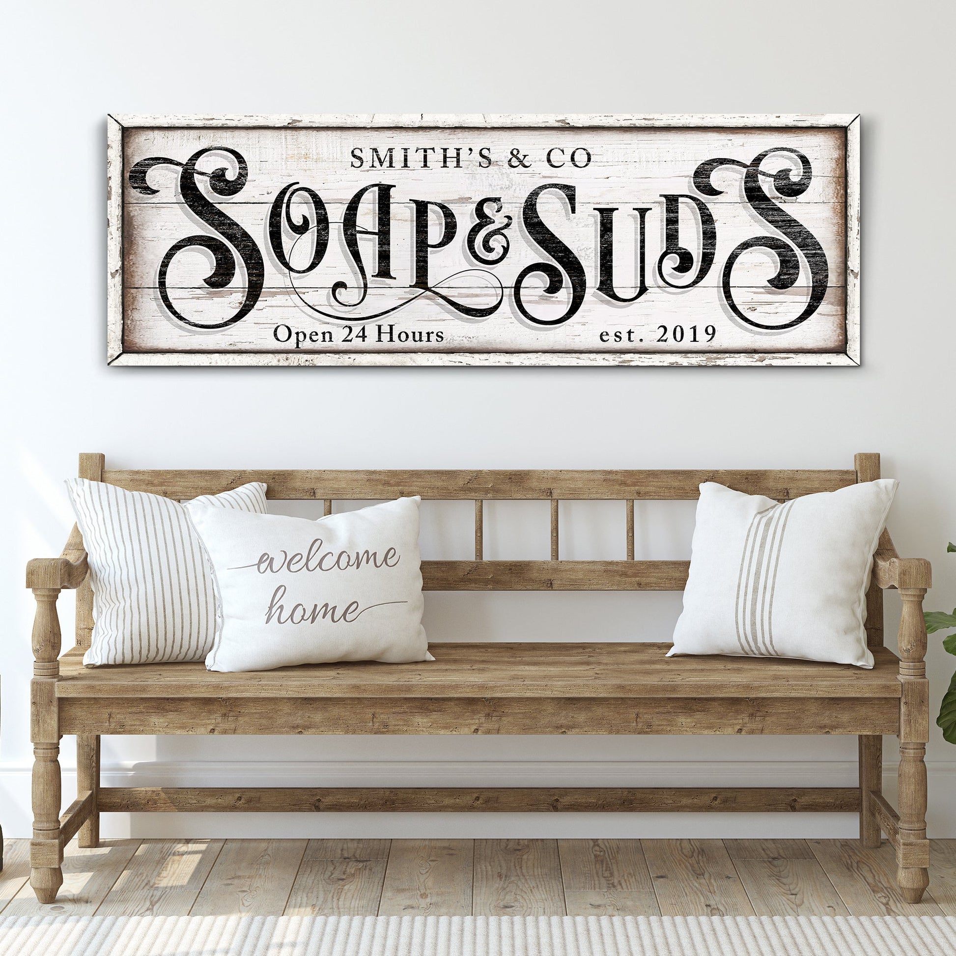 Personalized Soap And Suds Laundry Sign canvas with black script on white wood Tailored Canvases on Tampa Home & Garden Store