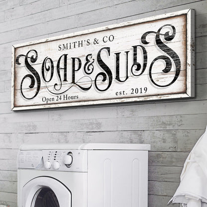 Personalized Soap & Suds laundry sign canvas with distressed whitewashed wood background on Tampa Home & Garden Store