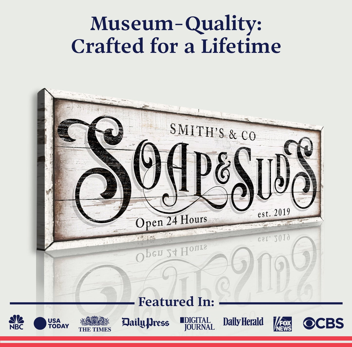 Personalized Soap And Suds Laundry Sign canvas with distressed whitewashed wood frame Tailored Canvases on Tampa Home & Garden Store
