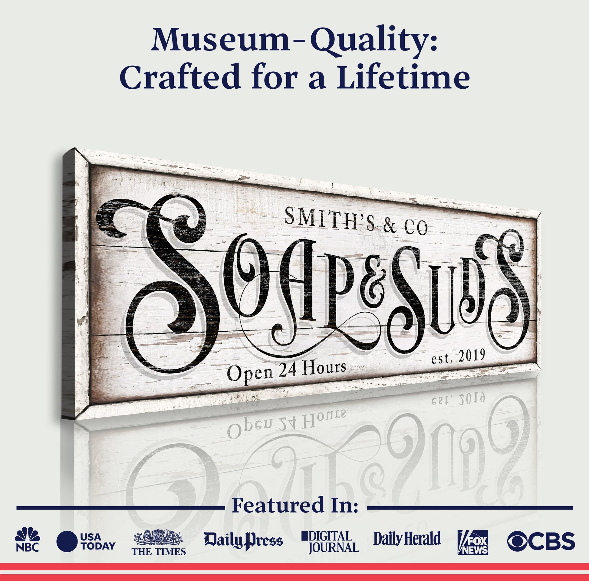 Personalized Soap And Suds Laundry Sign canvas with distressed whitewashed wood frame Tailored Canvases on Tampa Home & Garden Store