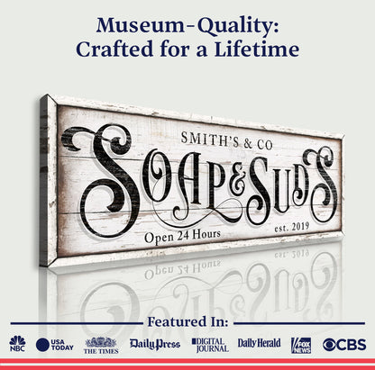 Personalized Soap And Suds Laundry Sign canvas with distressed whitewashed wood frame Tailored Canvases on Tampa Home & Garden Store