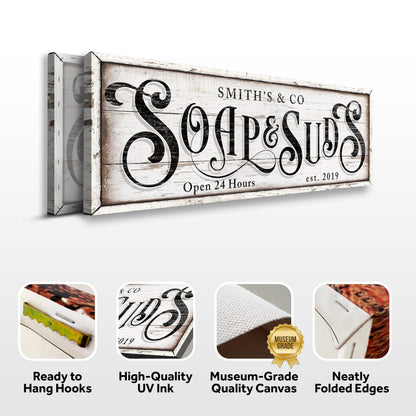 Personalized Soap And Suds Laundry Sign canvas by Tailored Canvases, whitewashed wood on Tampa Home & Garden Store