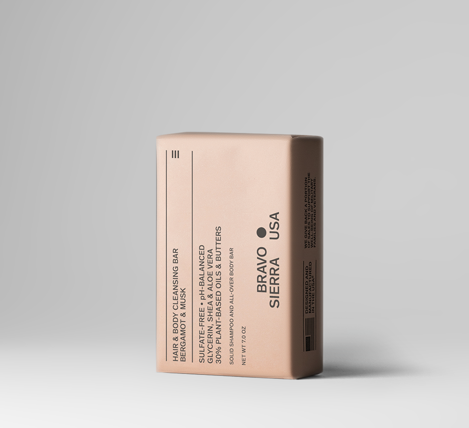 Hair & Body Cleansing Bar by Bravo Sierra rose-beige solid cleanser packaging with USA logo on Tampa Home & Garden Store