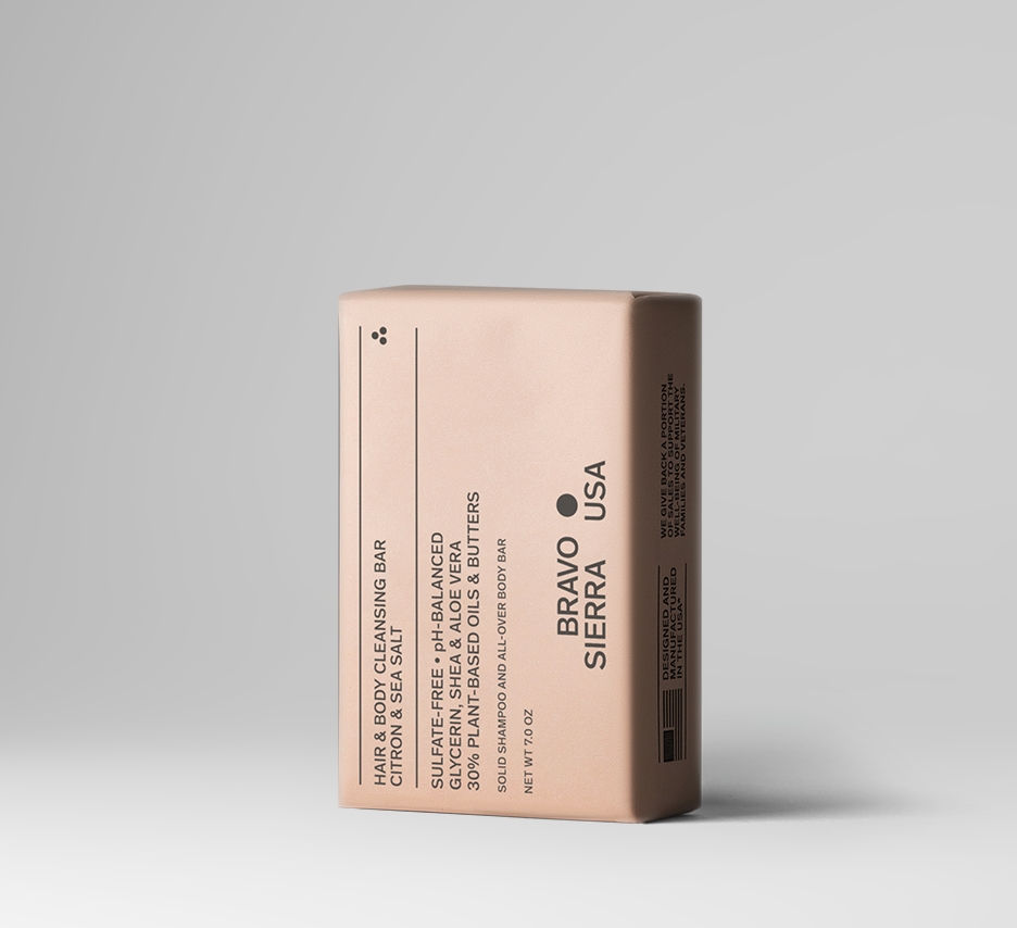 Bravo Sierra Hair & Body Cleansing Bar solid cleanser in rose gold packaging on Tampa Home & Garden Store