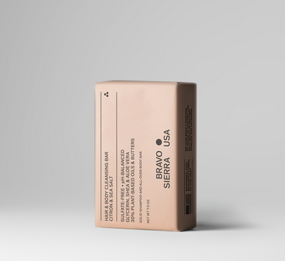 Bravo Sierra Hair & Body Cleansing Bar solid cleanser in rose gold packaging on Tampa Home & Garden Store