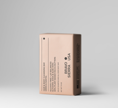 Hair & Body Cleansing Bar solid cleanser by Bravo Sierra USA in pink-beige boxed packaging on Tampa Home & Garden Store