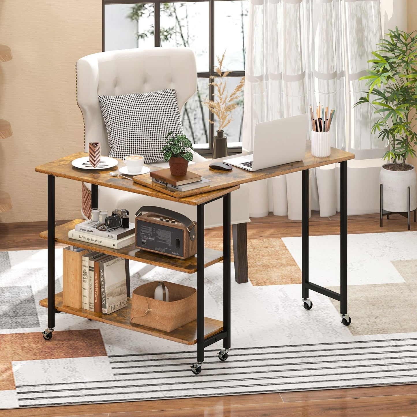 Mesa auxiliar de sofá giratoria 360° con estantes de almacenamiento de 2 niveles - Marrón