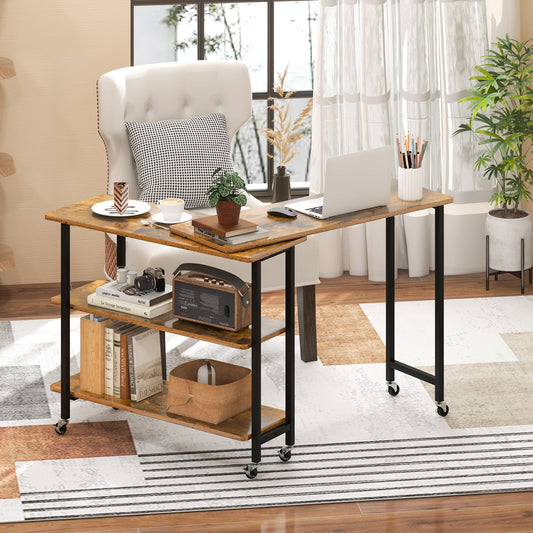 360° Rotating Sofa Side Table with 2-Tier Storage Shelves-Brown - Tampa Home & Garden Store