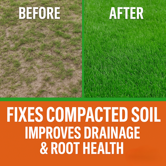 Soft Soil Liquid Soil Aerator & Lawn Treatment two-panel before after showing dry patches to lush green lawn GS Plant Foods on Tampa Home & Garden Store