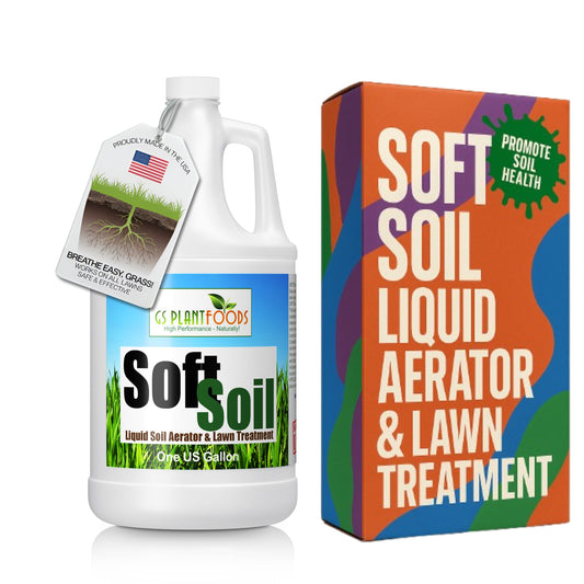 Soft Soil Liquid Soil Aerator & Lawn Treatment bottle by GS Plant Foods beside orange Soil on Tampa Home & Garden Store