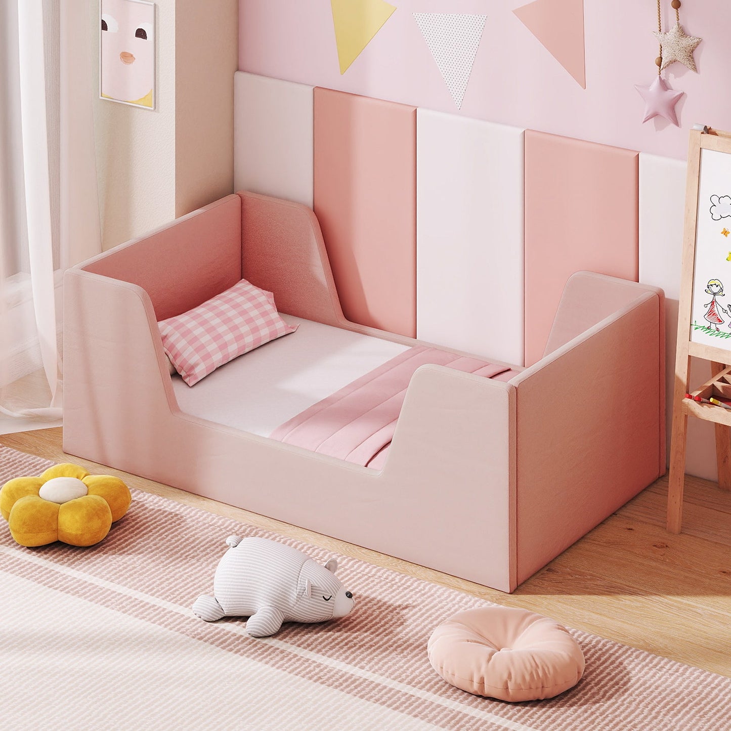 Soft Velvet Fabric Toddler Bed Frame with Safety Rails