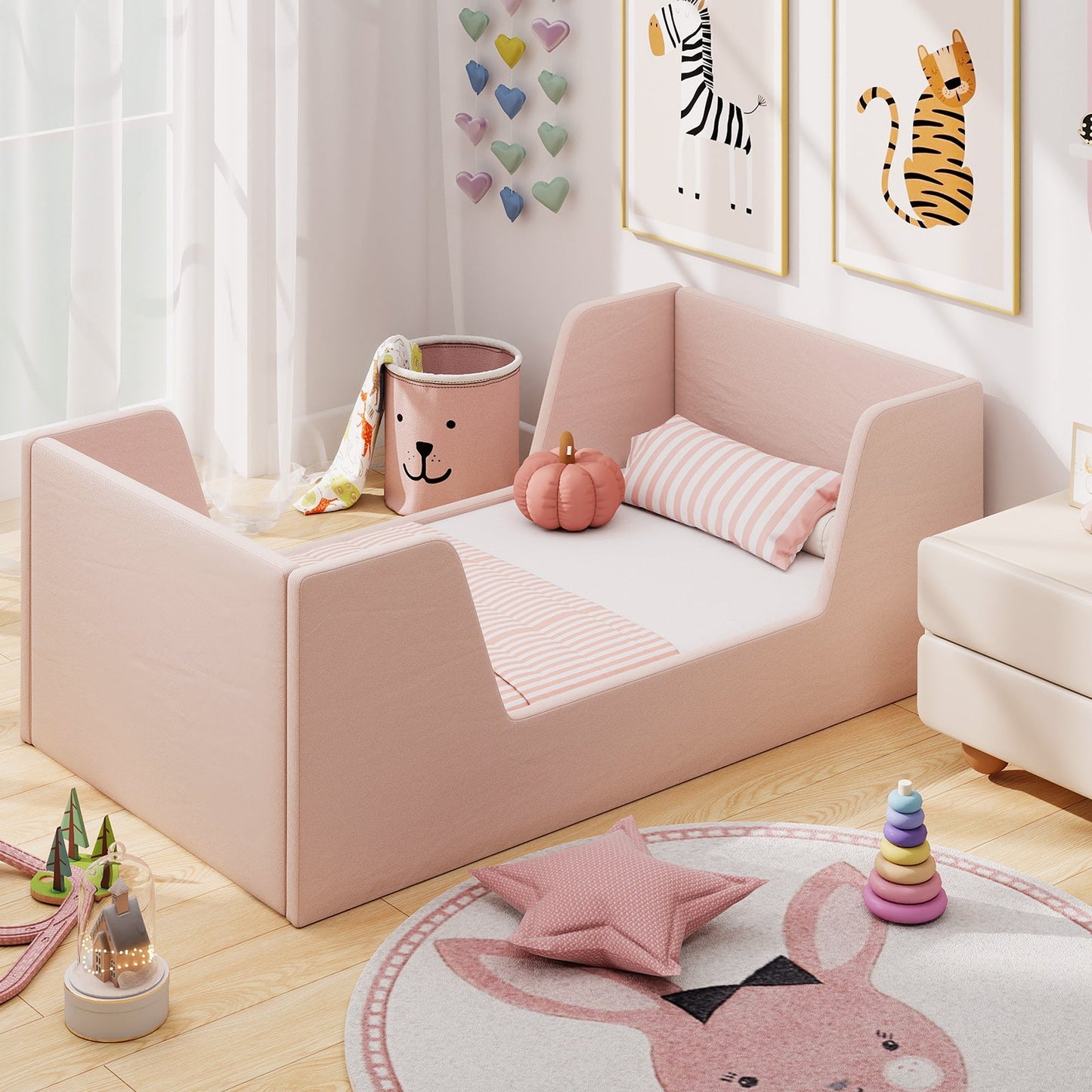 Soft Velvet Fabric Toddler Bed Frame with Safety Rails
