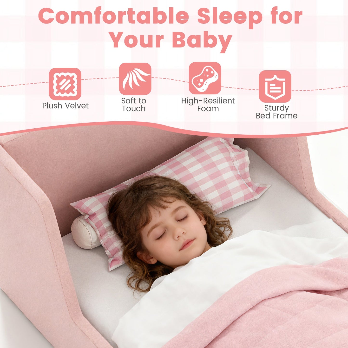 Soft Velvet Fabric Toddler Bed Frame with Safety Rails
