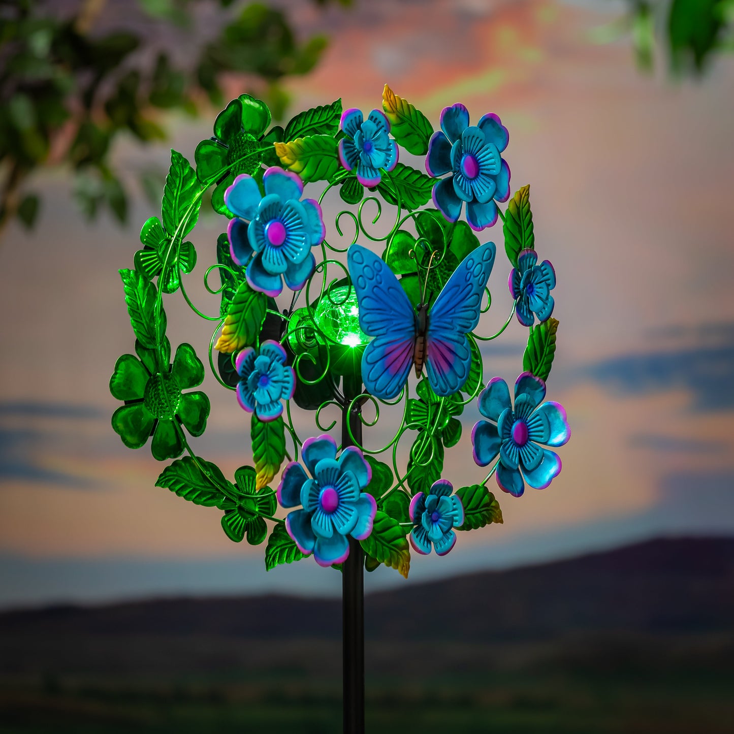 Solar Metal Wind Spinner, Blueflower & Butterfly, 74"H - Tampa Home & Garden Store