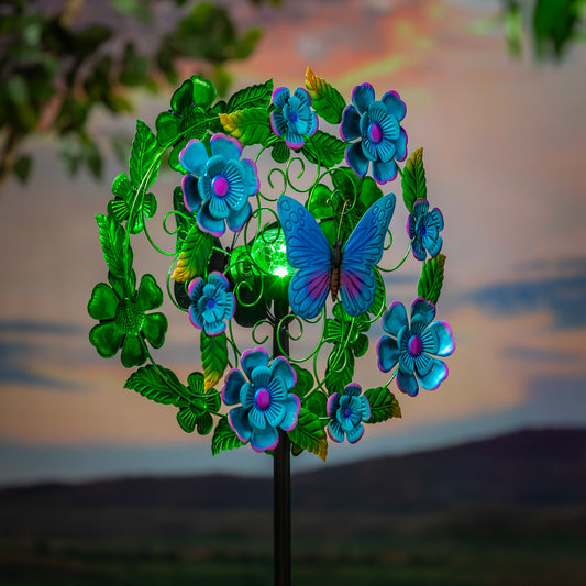 Solar Metal Wind Spinner, Blueflower & Butterfly, 74"H - Tampa Home & Garden Store