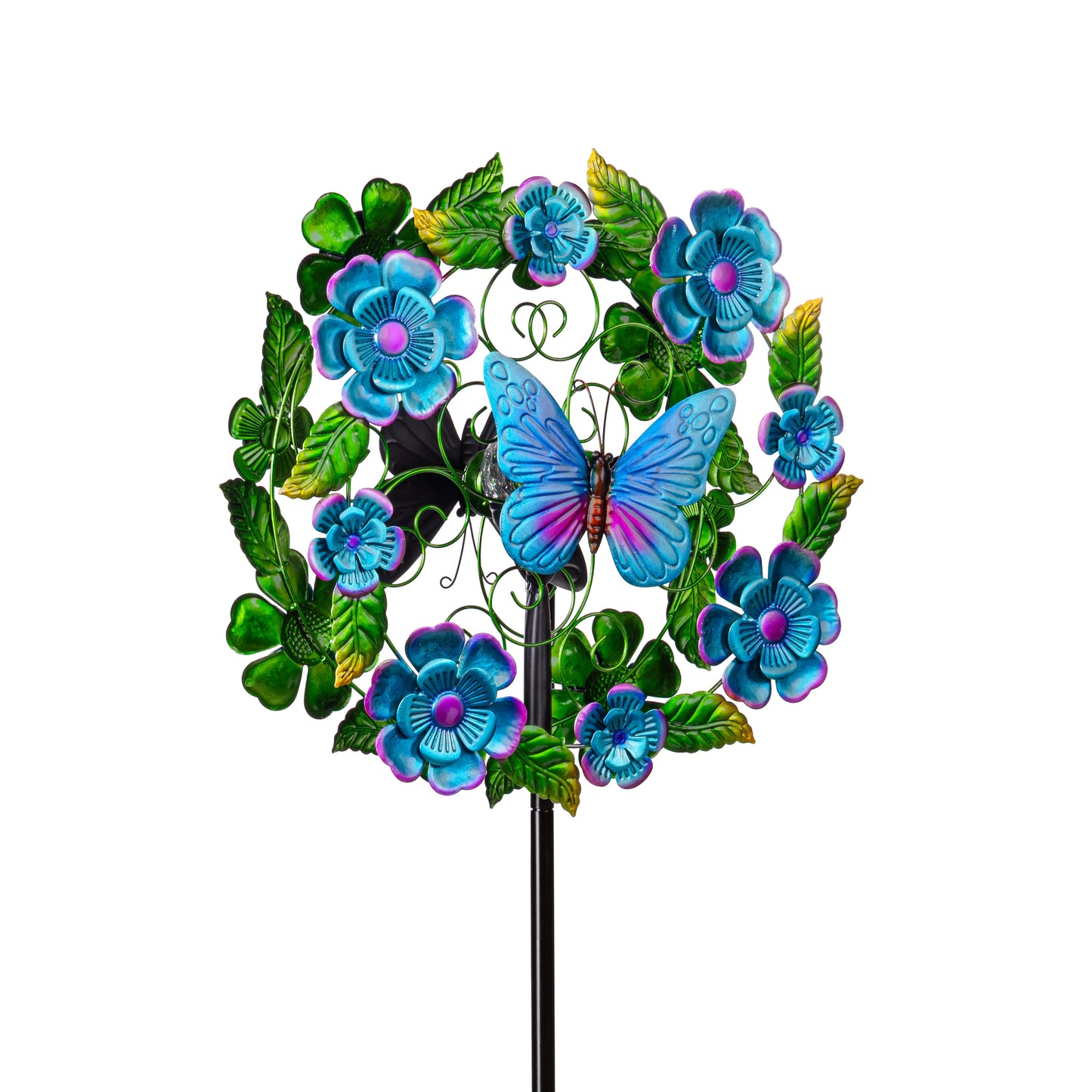 Solar Metal Wind Spinner, Blueflower & Butterfly, 74"H - Tampa Home & Garden Store