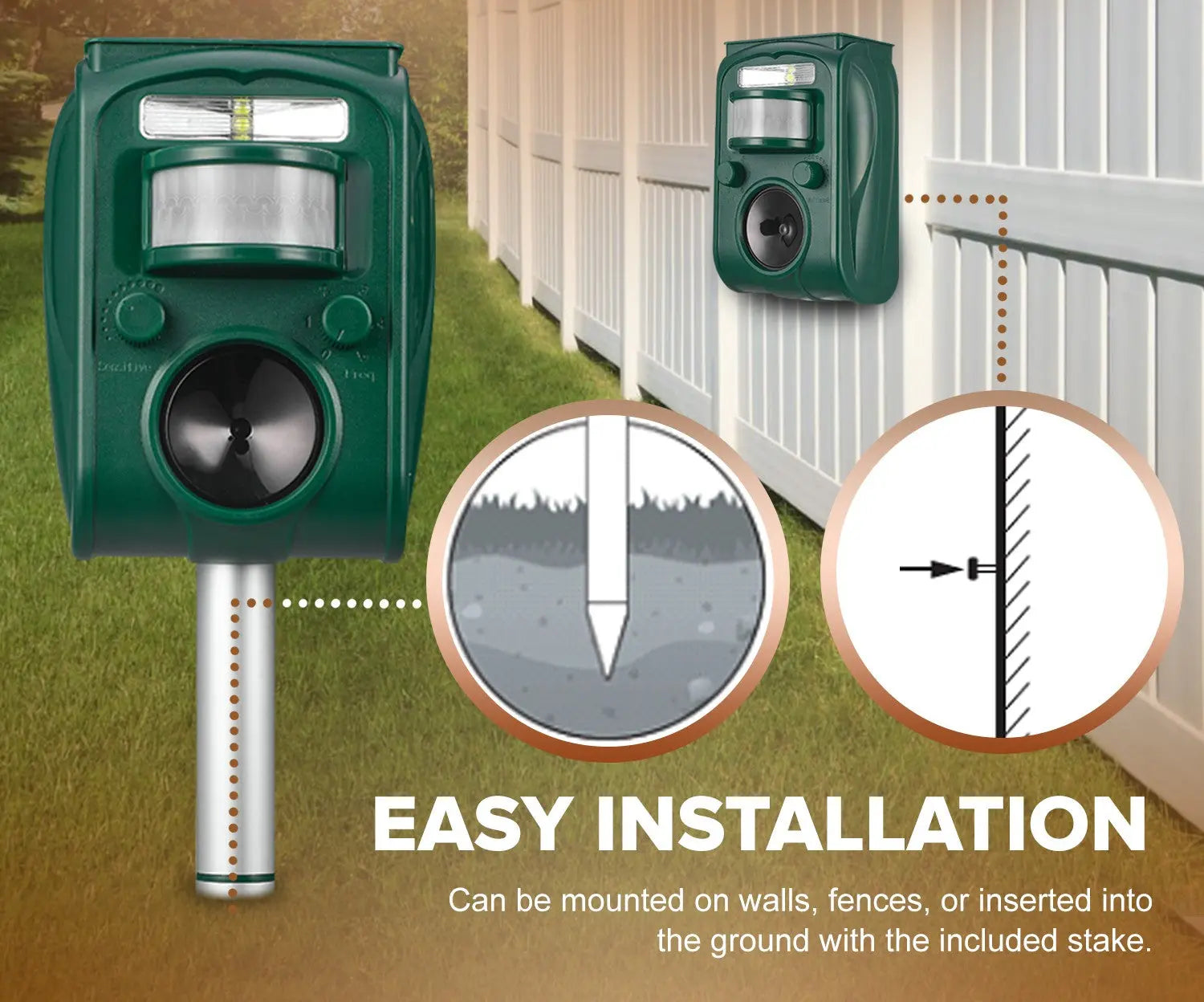 Solar Ultrasonic Outdoor Animal Repellent, solar-powered yard stake unit with motion sensor on Tampa Home & Garden Store