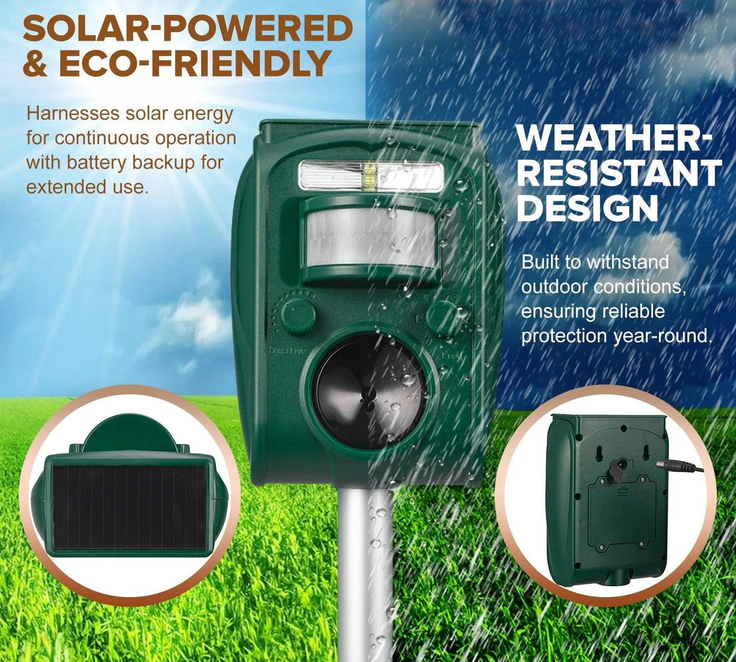 Solar Ultrasonic Outdoor Animal Repellent green weather-resistant device with solar panel on Tampa Home & Garden Store