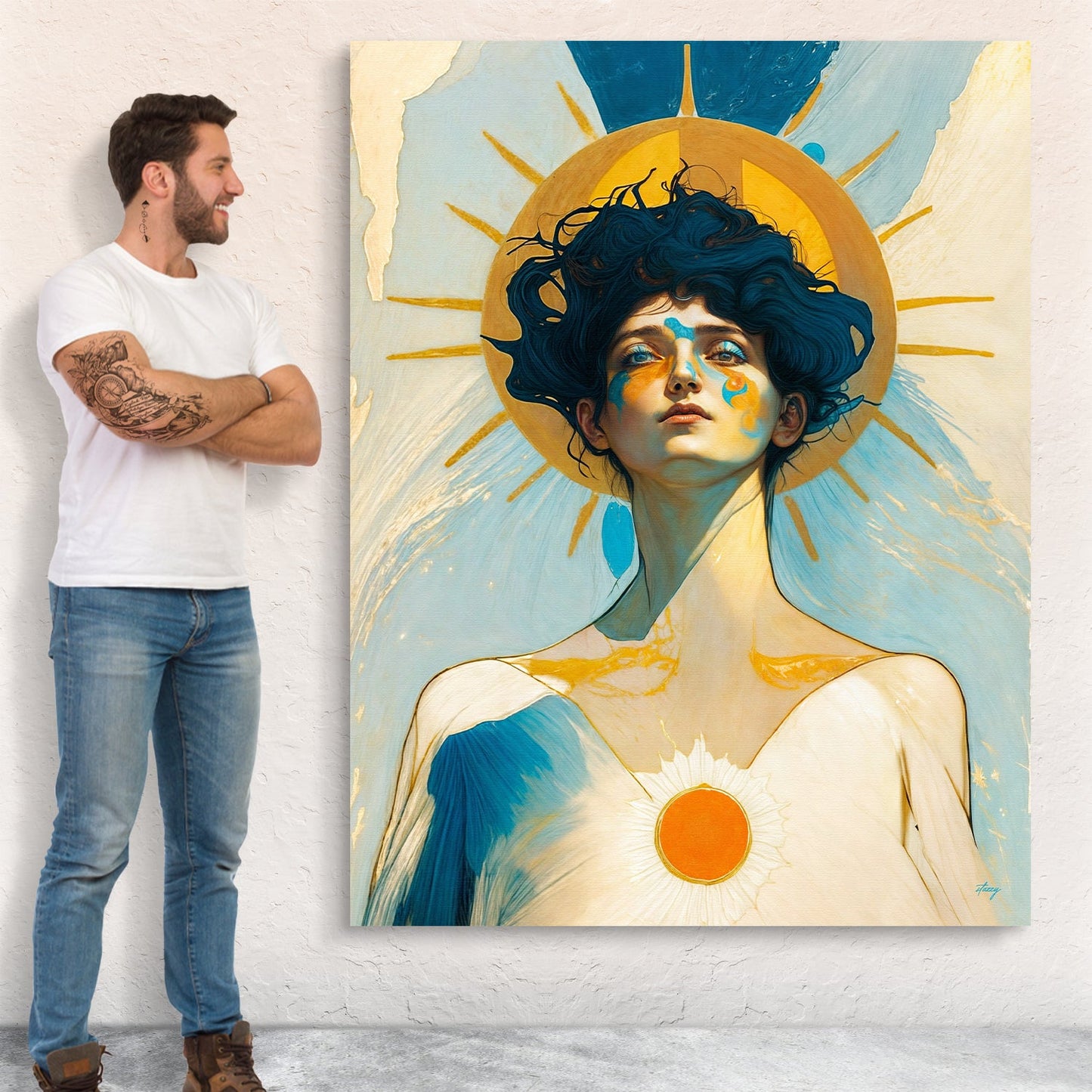 Canvas Print Solar Serenity II by Tailored Canvases, portrait with sun halo on blue/gold canvas on Tampa Home & Garden Store