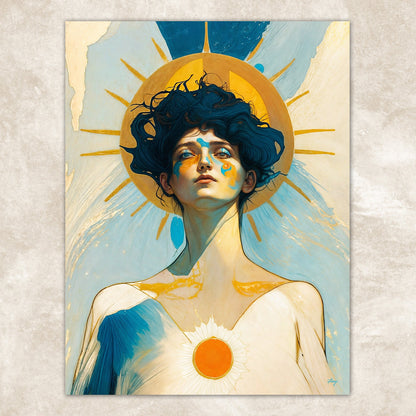 Canvas Print Solar Serenity II Tailored Canvases portrait with blue hair and sun halo on Tampa Home & Garden Store