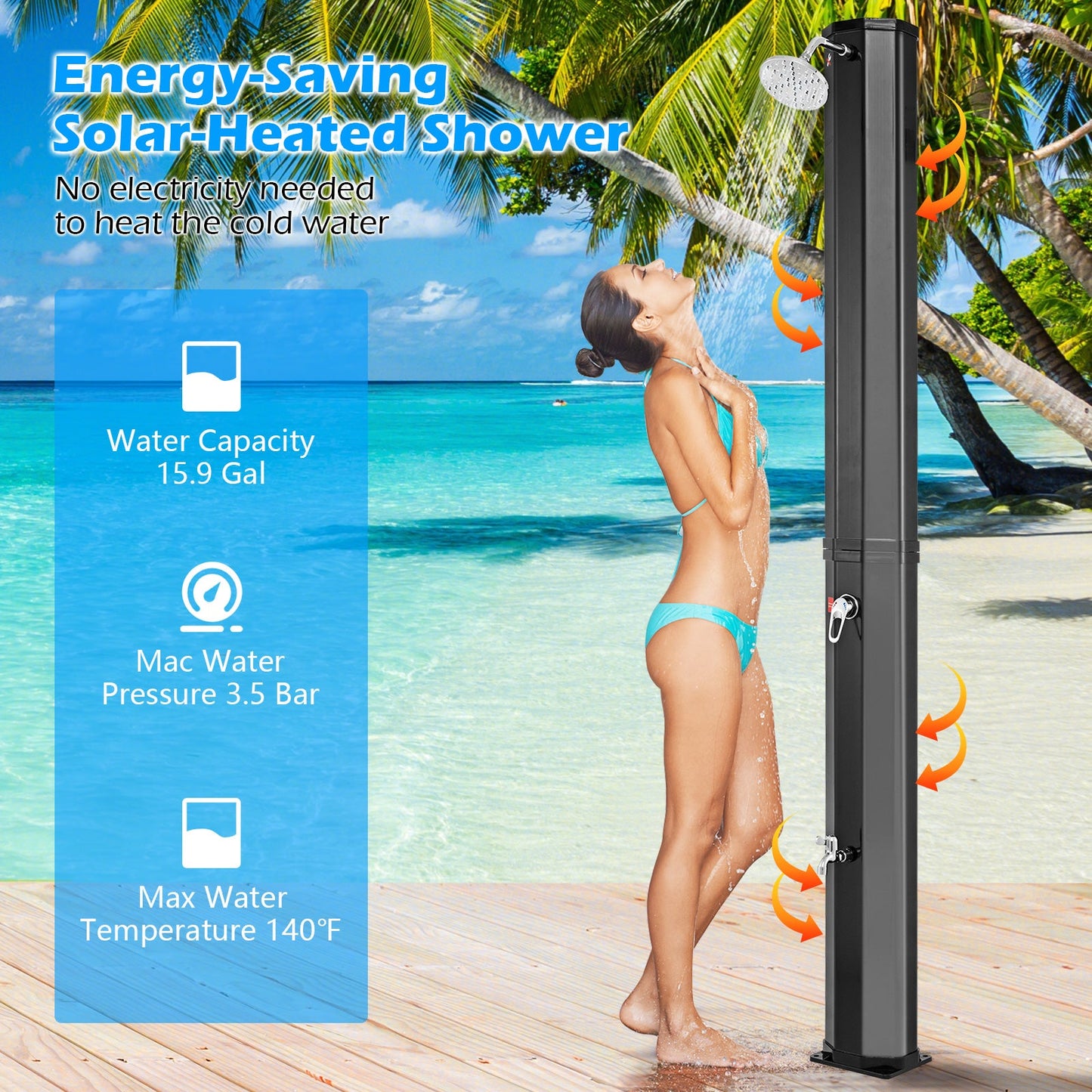 GemGear portable solar heated outdoor shower in black, 7.5 ft tall, with shower head on Tampa Home & Garden Store