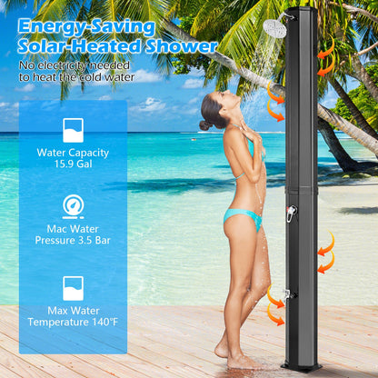GemGear portable solar heated outdoor shower in black, 7.5 ft tall, with shower head on Tampa Home & Garden Store