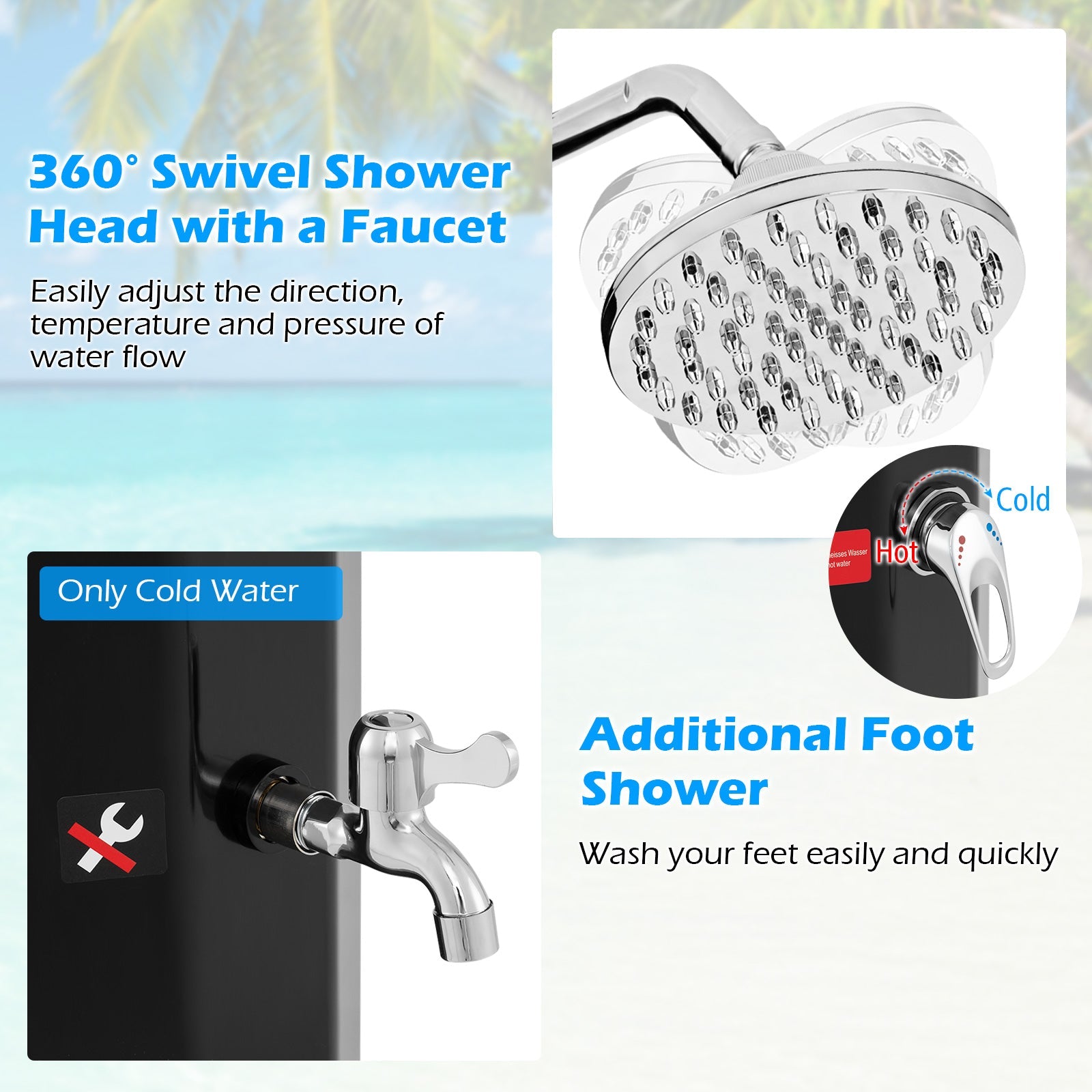 GemGear 7.5 ft solar heated outdoor shower with shower head in black, portable shower system on Tampa Home & Garden Store