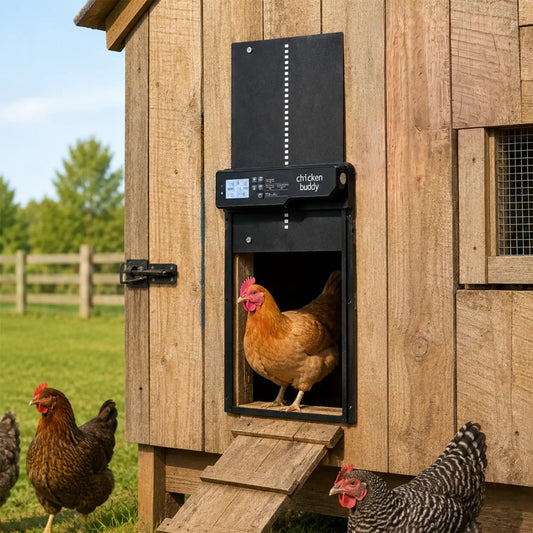 Solar powered chicken coop door with remote by DirectDeals; black unit mounted on coop on Tampa Home & Garden Store