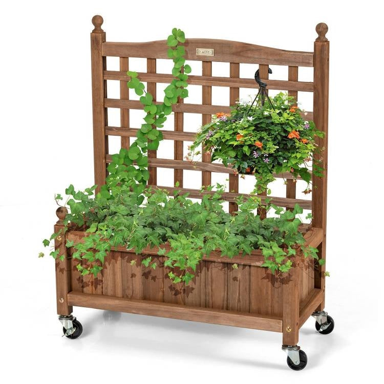 Solid Fir Wood Outdoor Raised Garden Bed Planter Box Cart on Wheels with Trellis - Tampa Home & Garden Store