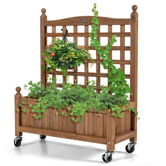 Solid Fir Wood Outdoor Raised Garden Bed Planter Box Cart on Wheels with Trellis - Tampa Home & Garden Store