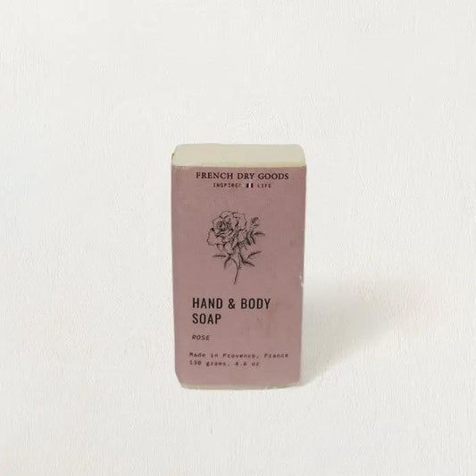 Hand & Body Soap rose scent bar in pink packaging with rose illustration, French Dry Goods on Tampa Home & Garden Store