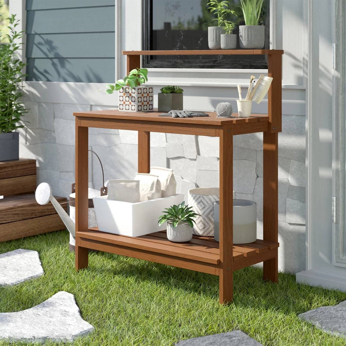 Solid Meranti Wood Outdoor Garden Potting Bench Table with Bottom Shelf - Tampa Home & Garden Store