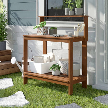 Solid Meranti Wood Outdoor Garden Potting Bench Table with Bottom Shelf - Tampa Home & Garden Store