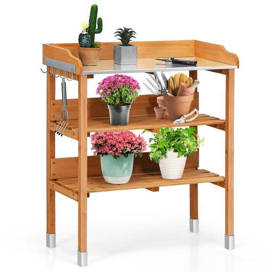Solid Wood Outdoor Garden Bench Table with Bottom Storage Shelves and Metal Top - Tampa Home & Garden Store