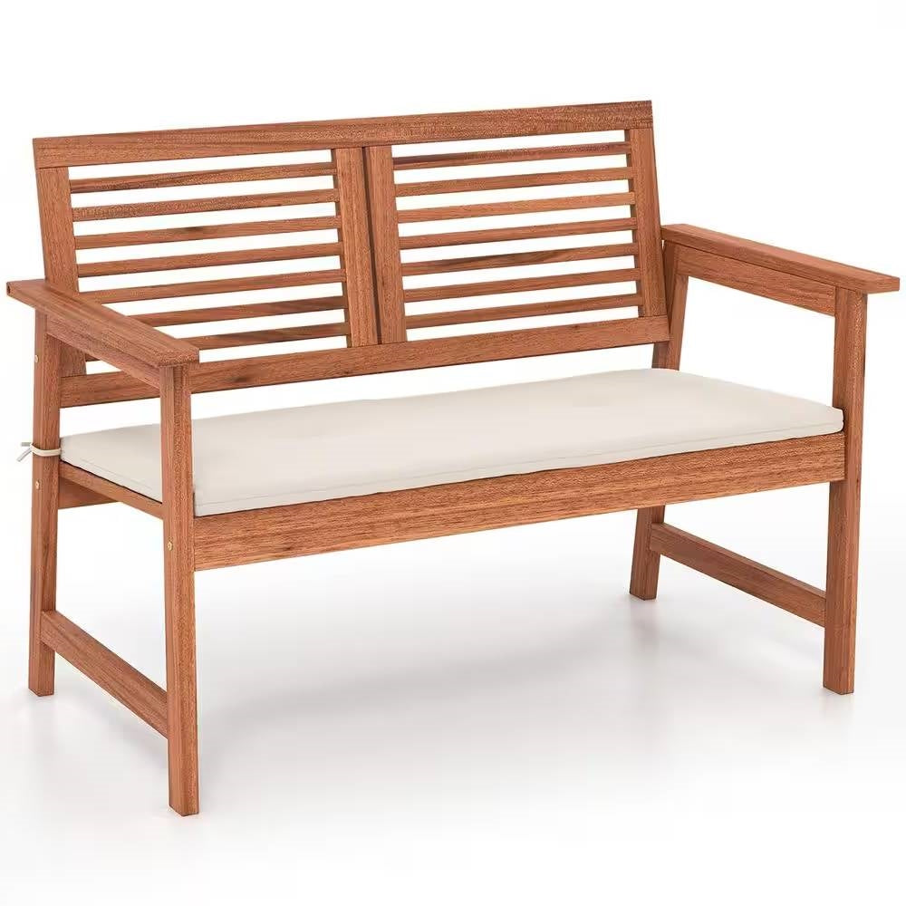 Solid Wood Outdoor Patio Garden Bench w/ Slatted Back Armrests and Seat Cushion - Tampa Home & Garden Store