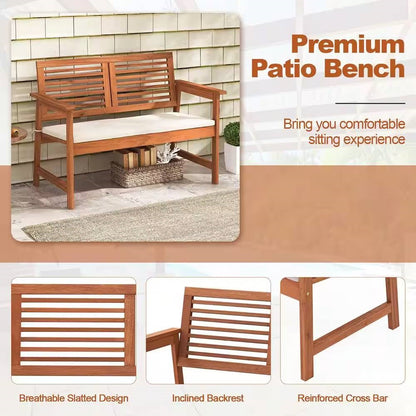 Solid Wood Outdoor Patio Garden Bench w/ Slatted Back Armrests and Seat Cushion - Tampa Home & Garden Store