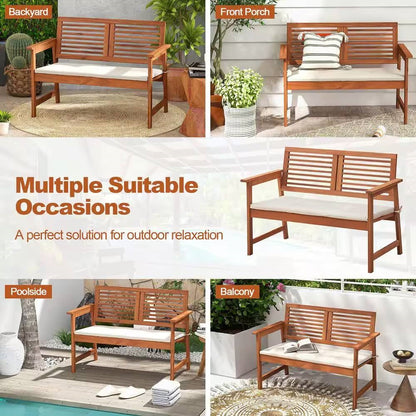 Solid Wood Outdoor Patio Garden Bench w/ Slatted Back Armrests and Seat Cushion - Tampa Home & Garden Store