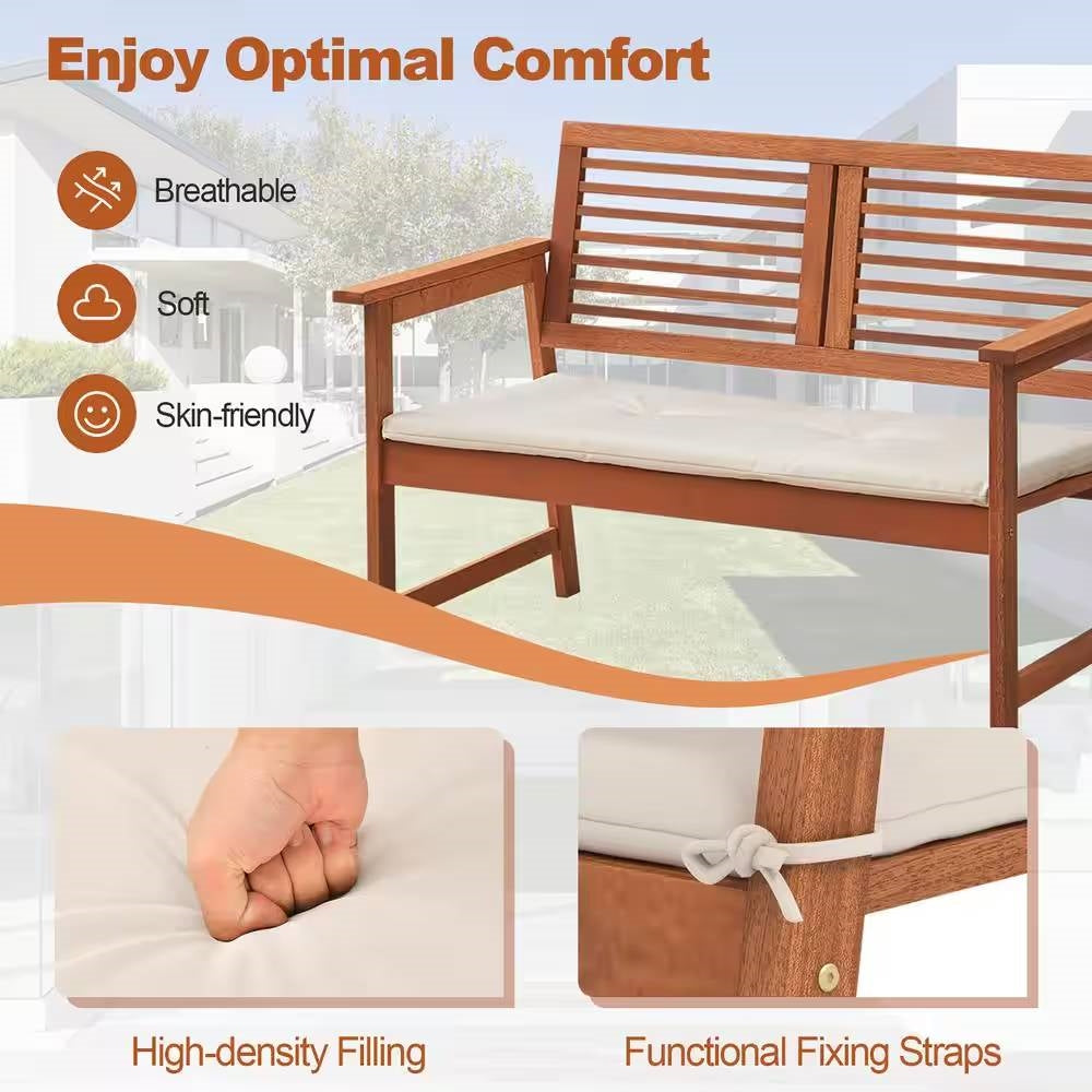Solid Wood Outdoor Patio Garden Bench w/ Slatted Back Armrests and Seat Cushion - Tampa Home & Garden Store