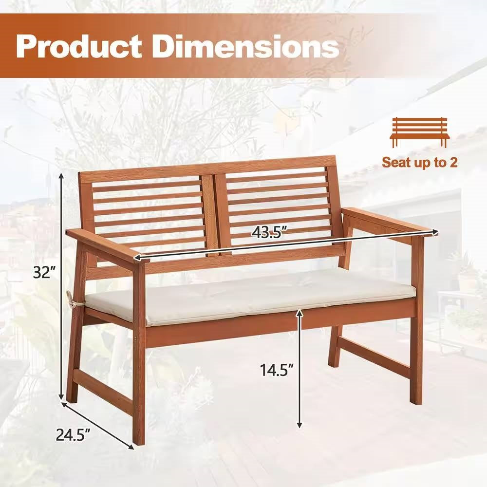 Solid Wood Outdoor Patio Garden Bench w/ Slatted Back Armrests and Seat Cushion - Tampa Home & Garden Store